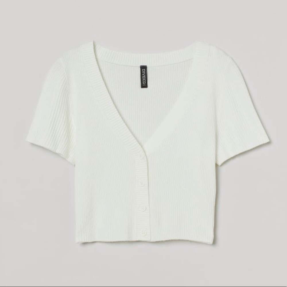 Fitted Rib-knit Top Button Front V Neck Crop Cardigan - Picture 2 of 9